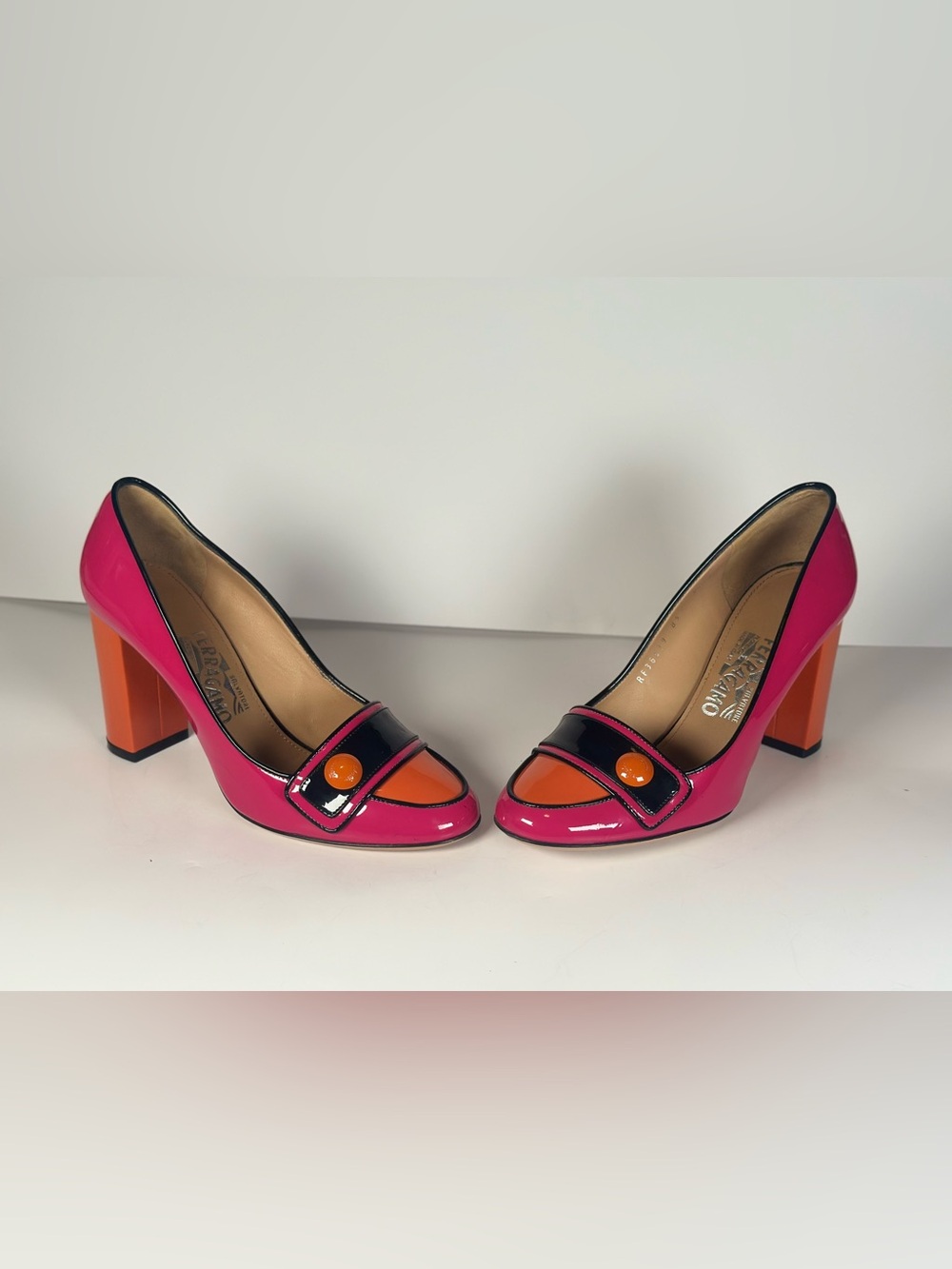 Salvatore Ferragamo Pink and Orange Patent Leather Block Heel Pumps